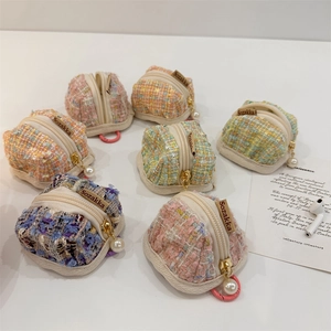 Plaid tweed earphone case details with metal zipper, pearl charm and colorful hook