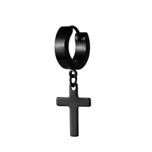 Polished black stainless steel cross earrings with hoop and dangling pendant charm
