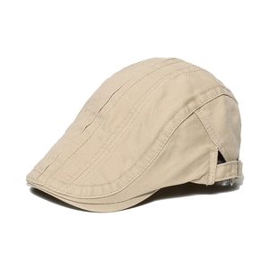 Classic beige cotton flat cap for men with striped stitching and adjustable side buckles
