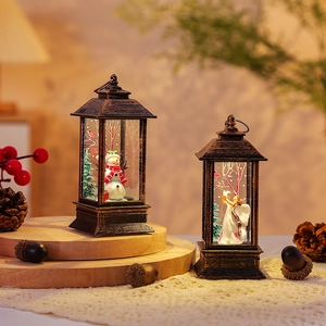 Detail of vintage bronze Christmas lanterns with snowman and angel miniature scenes inside