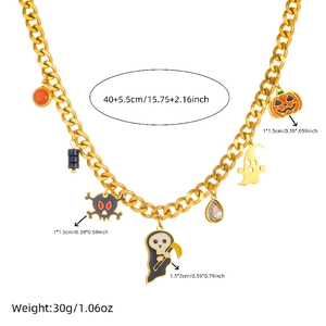 18K gold plated Cuban chain necklace with Halloween pumpkin and ghost pendants