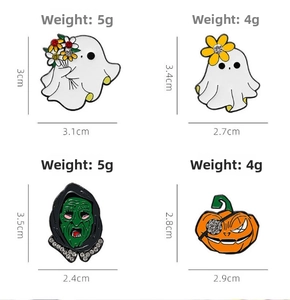 Detail of four creative Halloween enamel pins with dimensions and weight measurements