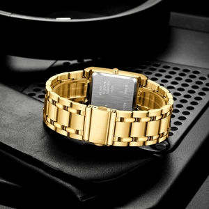 Golden rectangular men's quartz watch with stainless steel strap and 3ATM waterproof back