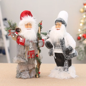 Detailed view of standing Santa figures with knit sweaters and vintage lanterns