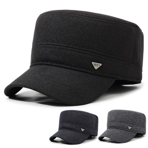 Men Woolen Cadet Cap Flat Top Military Hat With Foldable Ear Flaps Warm Fleece Lined Outdoor Winter Vintage Style