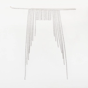 Exaggerated silver metal rhinestone fringe headpiece with cascading tassel chain design