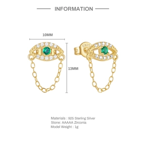 Detailed view of S925 sterling silver evil eye earrings with sparkling AAAAA cubic zirconia
