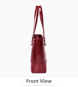 Slim profile of wine red crocodile embossed patent leather tote bag with thin straps