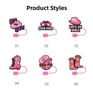 Detailed view of 6-piece western cowboy style silicone straw covers in pink and red