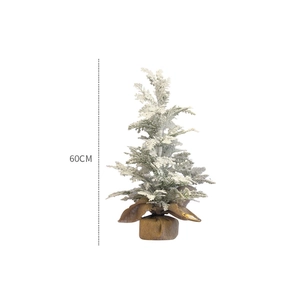 Detail view of 60cm frosted mini Christmas tree with rustic burlap base stand