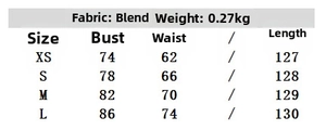 Size chart detail for backless summer camisole dress showing XS to L measurements
