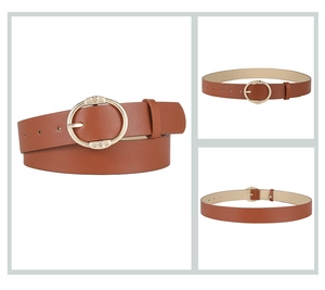 Close-up of brown PU leather belt with golden round buckle featuring butterfly detail