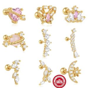 925 Sterling Silver Pink Zirconia Butterfly Heart Saturn Ear Cartilage Stud Earrings Gold Plated Screw Ball Back Piercing Jewelry For Women