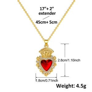 Gold vintage heart necklace with red ruby and zircons, detailed size 2.8x1.8cm