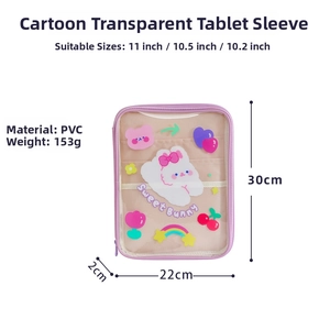 Detailed specs of a transparent PVC 11-inch iPad sleeve featuring a cute bunny design