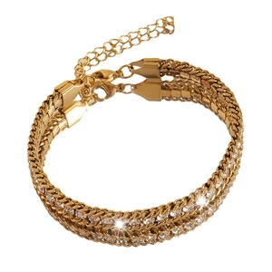 Elegant gold multi-layer titanium steel bracelet with sparkling rhinestone inlay and lobster clasp