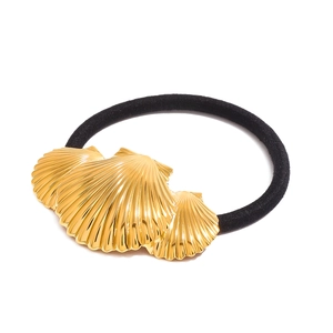 Golden shell charms on black elastic hair tie minimalist stainless steel accessory