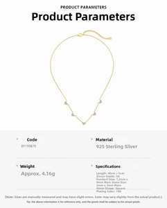 Detail view of S925 silver necklace with 5A cubic zirconia heart pendants and dimensions