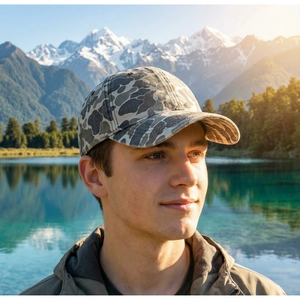 Outdoor camouflage baseball cap with washed vintage texture worn against a mountain backdrop