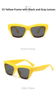 Detail view of yellow square semi-rimless sunglasses with gold temple metal accents