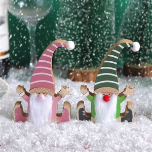 Christmas Gnome Wooden Ornament Striped Hat Long White Beard Holding Star Glitter Holiday Desktop Decorative Figurine