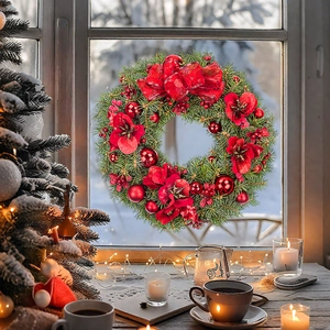 Christmas wreath with red bows and ornaments on a snowy window background
