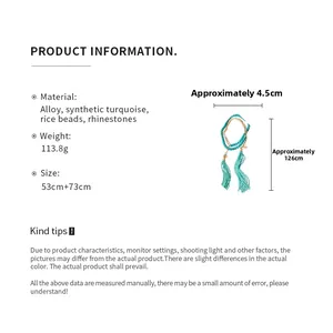 Detailed specs of bohemian tassel necklace with turquoise beads and rhinestones