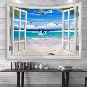 Detail of 3D window view tapestry with beach scenery and dolphins on white brick wall
