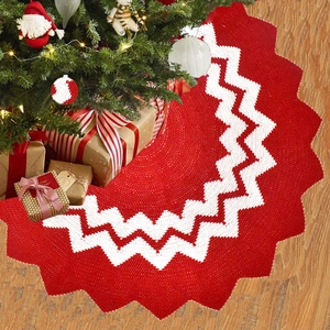 Christmas Tree Skirt Knit Acrylic Red White Wave Pattern Button Closure Holiday Party Home Decor Rustic Style