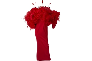 Elegant red strapless bandage party dress with luxury feather neckline on white background