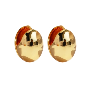Minimalist high-polished golden oval hoop earrings with a sleek mirror finish on white background