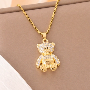 Bear Pendant Necklace Stainless Steel With Zircon Rhinestones Women Gold Tiny Animal Clavicle Chain Minimalist Jewelry