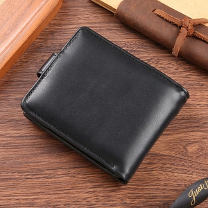 Retro black PU leather men's wallet with large capacity on a rustic wooden desk