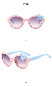 Front and side view of pink bow sunglasses with blue temples and purple gradient lenses