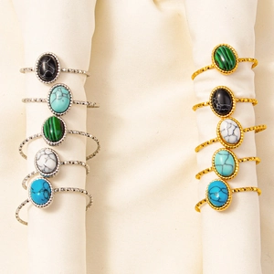 Bohemian Stainless Steel Ring Vintage Oval Imitation Turquoise Marble Stone Inlaid Geometric Adjustable Open Finger Jewelry For Women