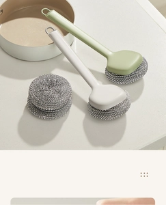 Close-up of four-piece long handle dish brushes with replaceable steel wire scrubbers