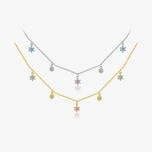 925 Sterling Silver Flower Colored Zirconia Necklace For Women Elegant Blue Zirconia Pendant Chain Necklace Jewelry Wedding Party Gift