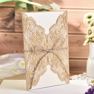 Laser cut butterfly wedding invitation kit with brown lace cover and jute twine