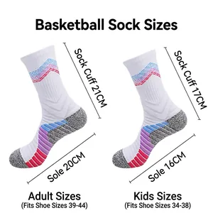 Size guide for thick basketball socks with towel bottom for adults and children