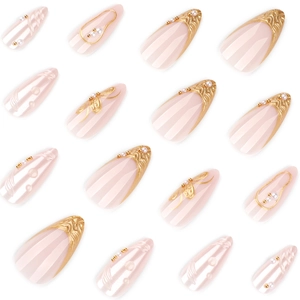 French gold almond press-on nails with 3D pearls and elegant embossed textures