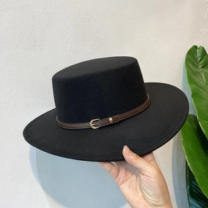 Classic black flat top wool felt fedora hat with brown leather belt buckle for men and women