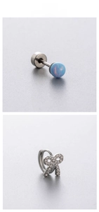 Detail view of round blue opal stud and silver bow earring with zircon stones