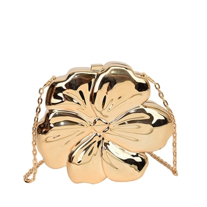 Elegant gold flower shaped evening clutch bag with metal chain strap for formal parties