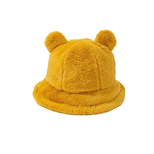Winter plush bear ear bucket hat in bright yellow thick faux fur for warmth