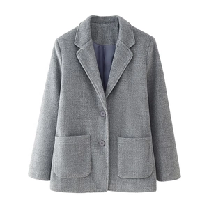 Classic grey wool blend blazer with notched lapels and large patch pockets for women