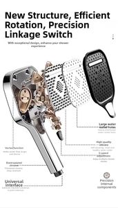 Exploded view of pressurized shower head showing 3-mode switch and chrome structure