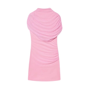 Pink sleeveless mesh dress with draped stand collar and side ruching for women