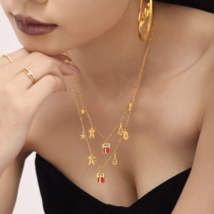18K gold-plated double-layer necklace with enamel Christmas tree and gingerbread man charms