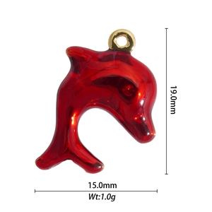 Detail showing 19.0mm red resin dolphin pendant dimensions and 18K gold-plated loop