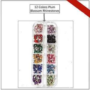 Detailed top view of 12 colors plum blossom nail art rhinestones in a clear storage case